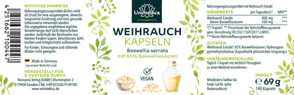Weihrauch - Boswellia serrata - 400 mg pro Tagesdosis (1 Kapsel) -  Etikett