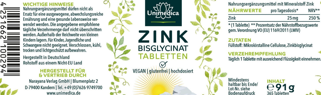 Zink Bisglycinat - 25 mg pro Tagesdosis - hochdosiert - 365 Tabletten