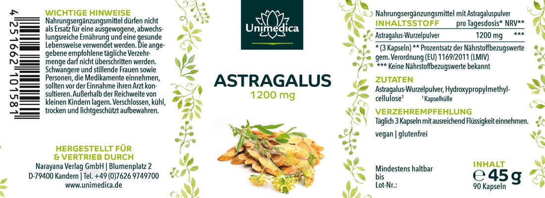 Astragalus - 1.200 mg pro Tagesdosis - 90 Kapseln Etikett