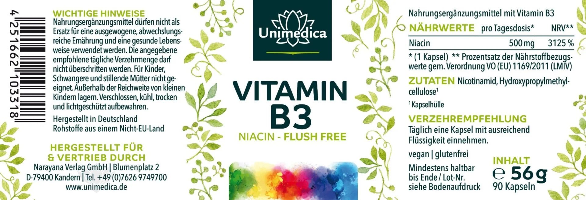 Vitamin B3 Niacin "Flush Free" - 500 mg - 90 Kapseln - NahrungsergänzungUnimedica Kornkammer Natur