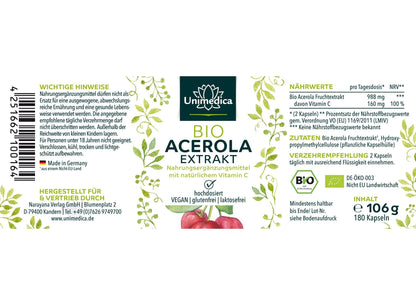 Bio Acerola Extrakt - 180 Kapseln - Nahrungsergänzung - Unimedica Kornkammer Natur - Etikett