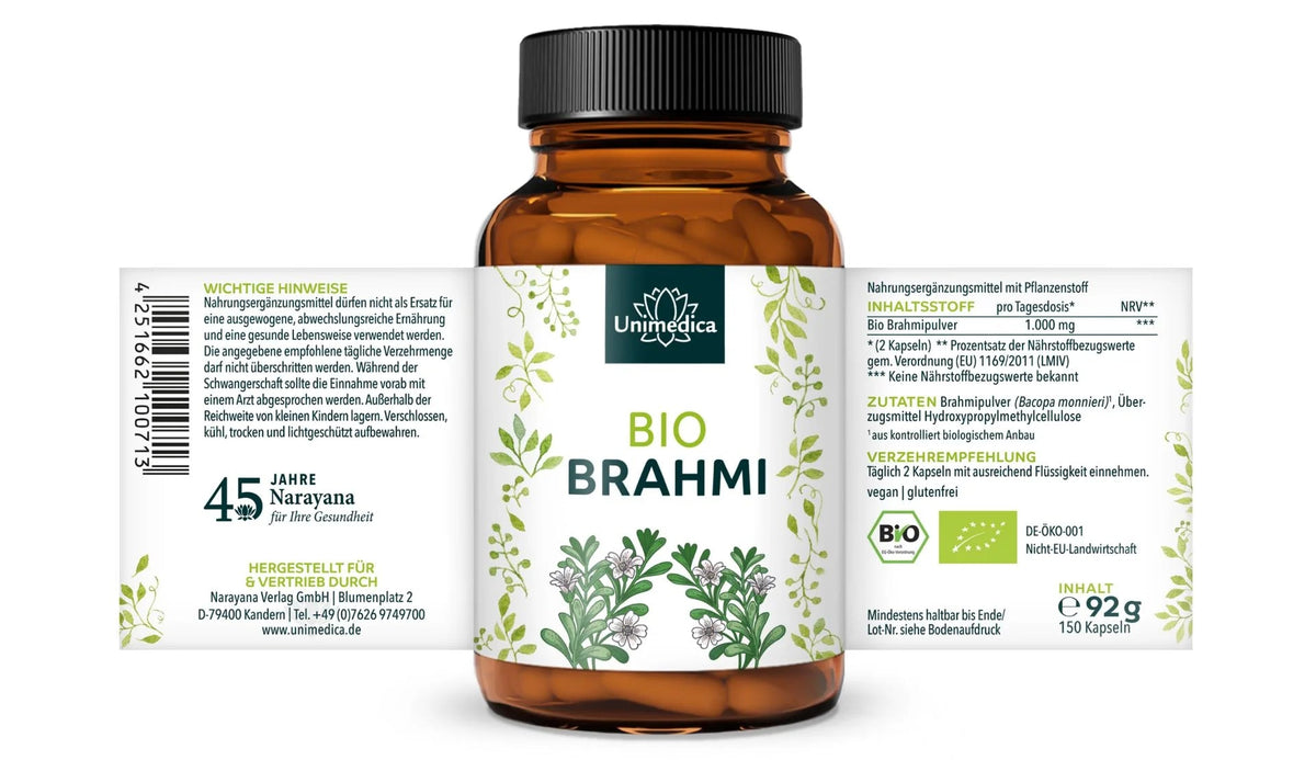 Bio Brahmi - 1.000 mg pro Tagesdosis (2 Kapseln) - 150 Kapseln - Nahrungsergänzung - Unimedica  -Kornkammer Natur - Etikett