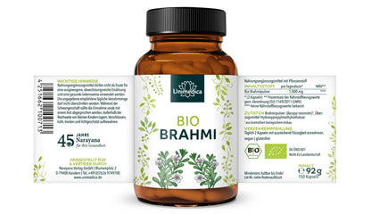 Bio Brahmi - 1.000 mg pro Tagesdosis (2 Kapseln) - 150 Kapseln - Nahrungsergänzung - Unimedica  -Kornkammer Natur - Etikett