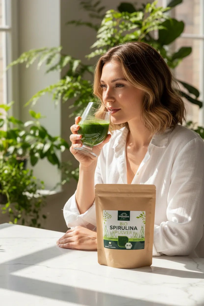 Bio Spirulina Pulver - 500 g - proteinreich - Nahrungsergänzung -Unimedica - Kornkammer Natur - Frau trinkt