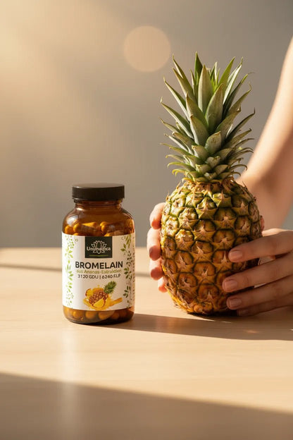 Bromelain - 1040 mg und 3.120 GDU | 6.240 F.I.P. pro Tagesdosis (2 Kapseln) - mit magensaftresistenten DR® Caps - 120 Kapseln - Nahrungsergänzung - Unimedica Kornkammer Natur