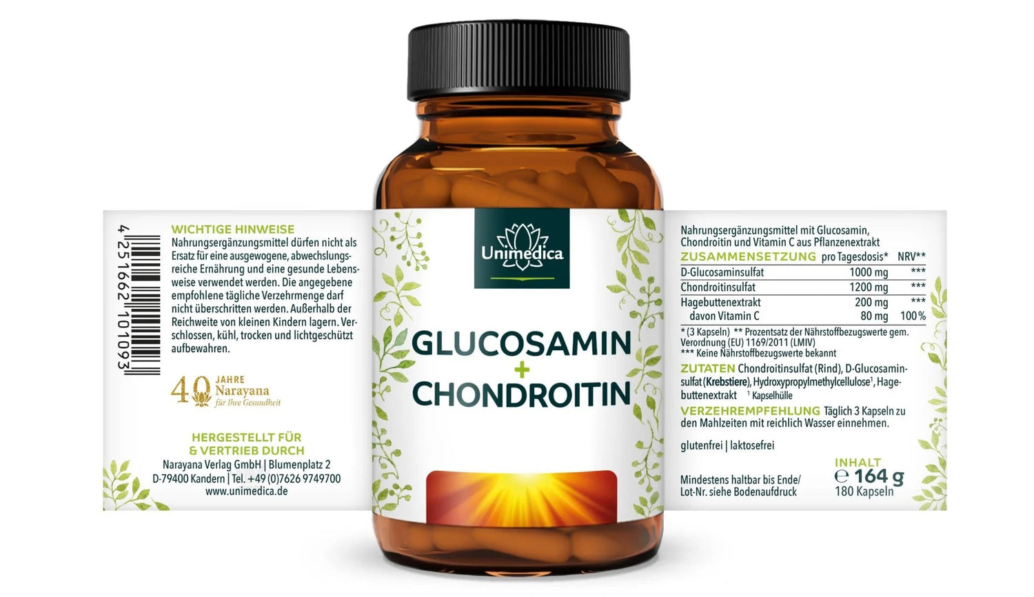 Glucosamin Chondroitin hochdosiert - 1000mg/1200mg + Vitamin C - 180 Kapseln - Nahrungsergänzung - Unimedica - Etikett