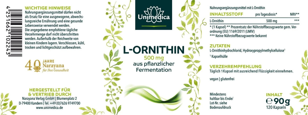 L - Ornithin - 500 mg pro Tagesdosis - 120 Kapseln - Nahrungsergänzung - Unimedica - Kornkammer Natur