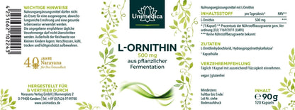 L - Ornithin - 500 mg pro Tagesdosis - 120 Kapseln - Nahrungsergänzung - Unimedica - Kornkammer Natur
