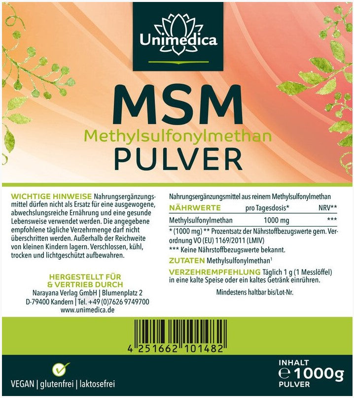 MSM Pulver 1000 g Gelenke Entzündung Darm Unimedica Kornkammer Natur Vegan Glutenfrei Laktosefrei Nahrungsergänzung Inhaltsstoffe