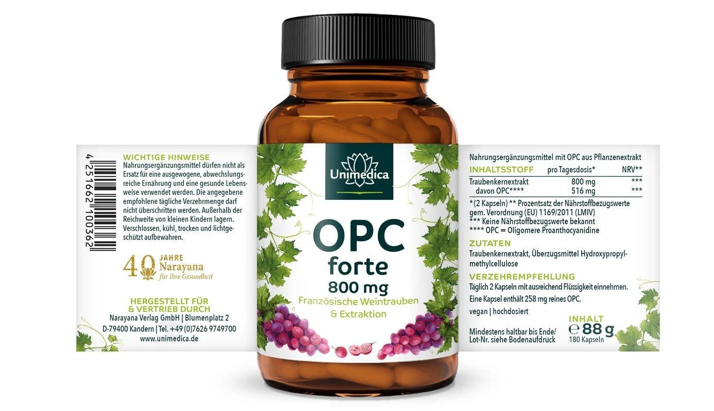 OPC forte Traubenkernextrakt Kapseln - Nahrungsergänzung - Unimedica Kornkammer Natur - Etikett