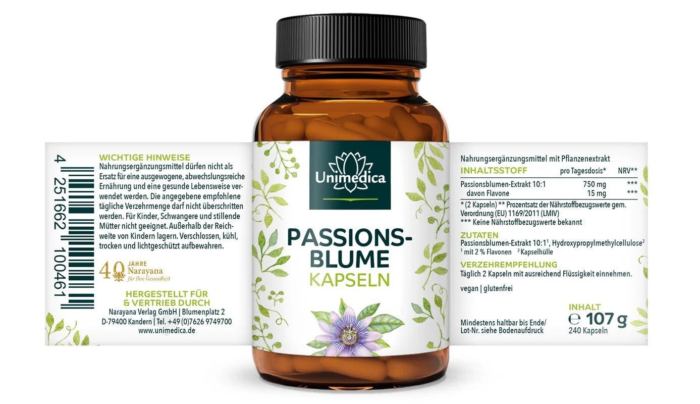 Passionsblume - 750 mg pro Tagesdosis (2 Kapseln) - 240 Kapseln - Nahrungsergänzung Unimedica Kornkammer Natur
