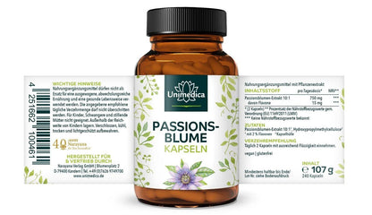 Passionsblume - 750 mg pro Tagesdosis (2 Kapseln) - 240 Kapseln - Nahrungsergänzung Unimedica Kornkammer Natur