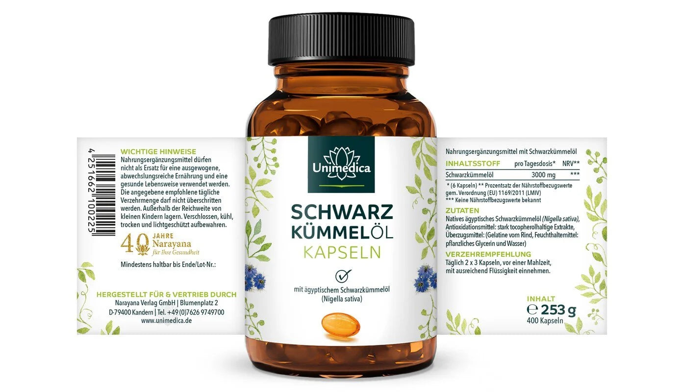 Schwarzkümmelöl Softgelkapseln - 3000 mg pro Tagesdosis (2 x 3 Kapseln) - 400 Softgelkapseln - Etikett