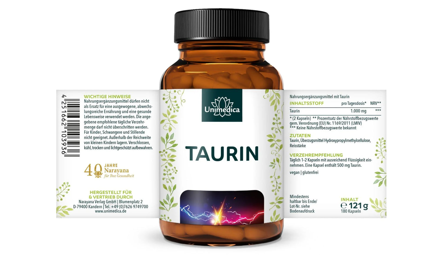 Taurin - 1000 mg pro Tagesdosis (2 Kapseln) - 180 Kapseln Etikett