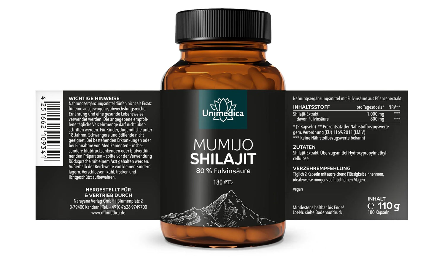 Mumijo Shilajit mit 80% Fulvinsäure - 180 Kapseln - Nahrungsergänzung Unimedica Kornkammer Natur