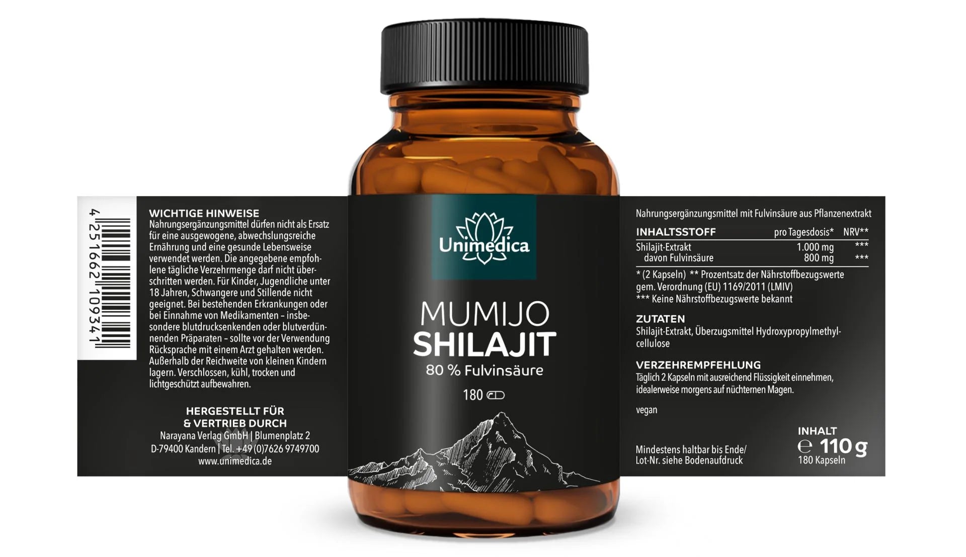 Mumijo Shilajit mit 80% Fulvinsäure - 180 Kapseln - Nahrungsergänzung Unimedica Kornkammer Natur