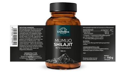Mumijo Shilajit mit 80% Fulvinsäure - 180 Kapseln - Nahrungsergänzung Unimedica Kornkammer Natur