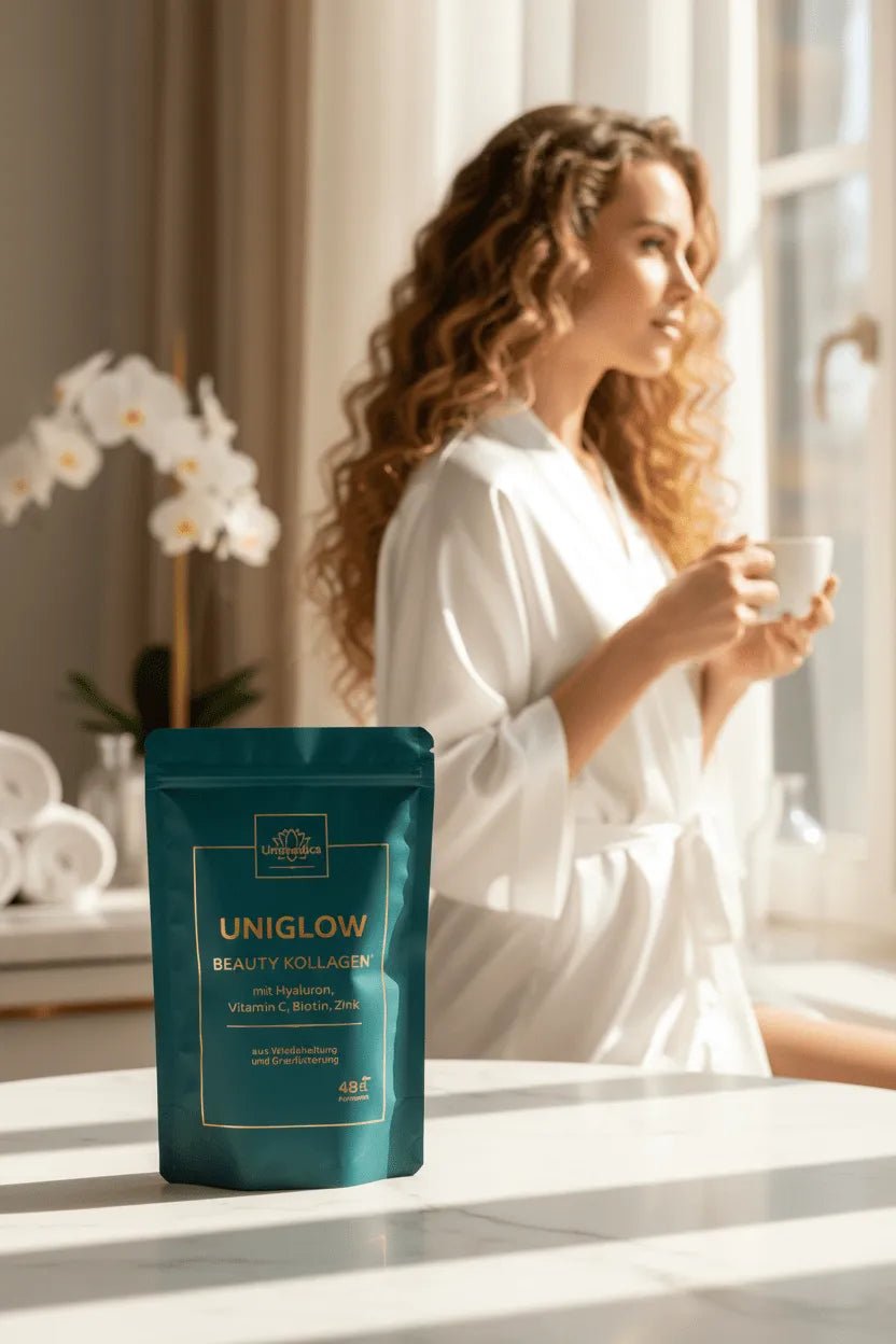 Uniglow Beauty Kollagen - Komplex (aus Grasfütterung) + Vitamin C, Biotin und Zink - Nahrungsergänzung Unimedica Kornkammer Natur Frau