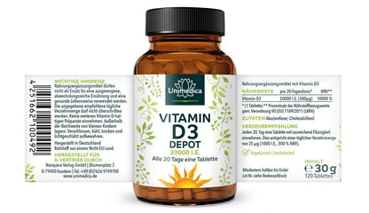 Vitamin D3 Depot 20.000 I.E. - Nahrungsergänzung Unimedica -Kornkammer Natur - Etikett