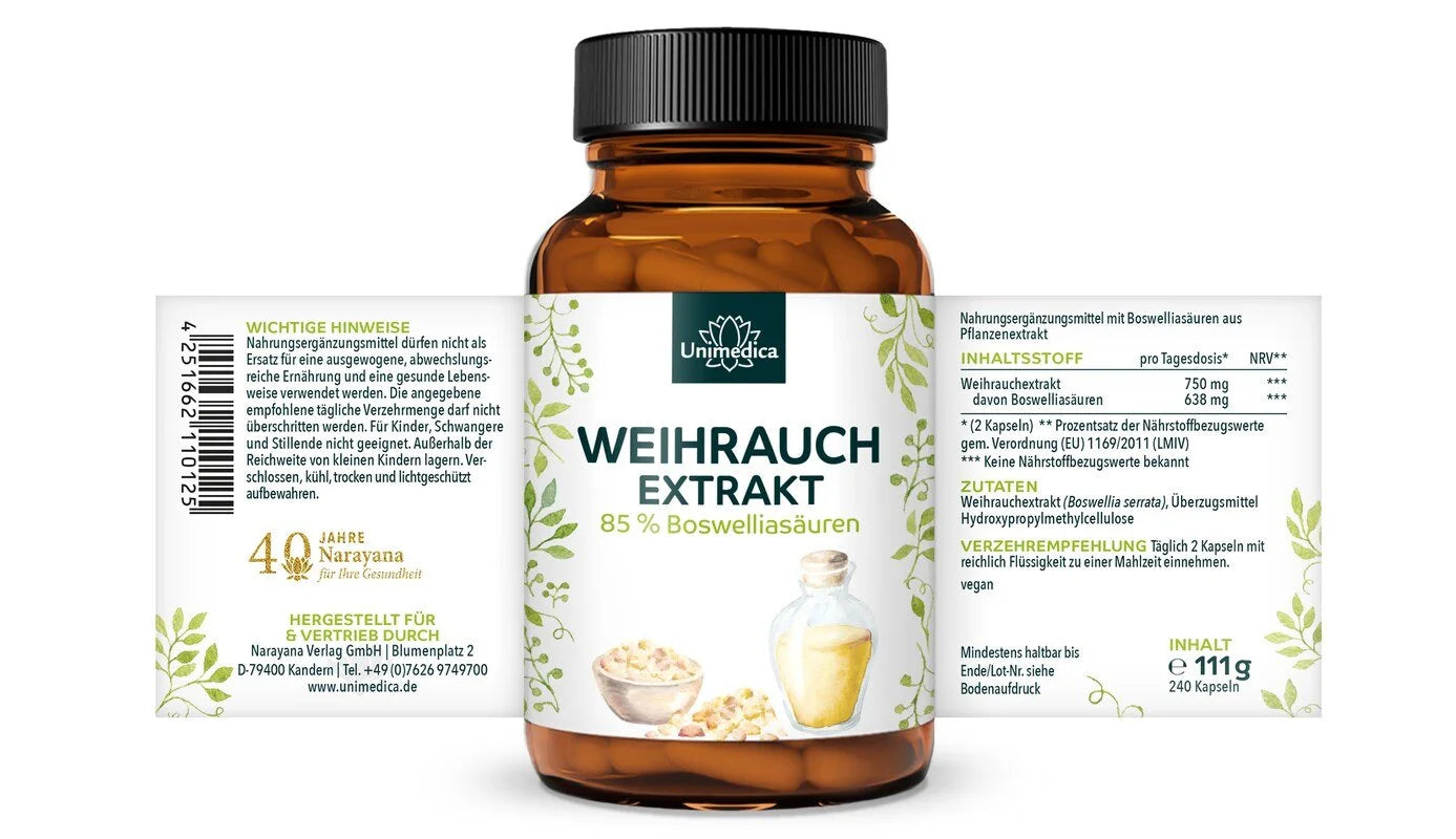 Weihrauch - Boswellia serrata - 638 mg pro Tagesdosis (2 Kapseln) -  von Unimedica - Etikett