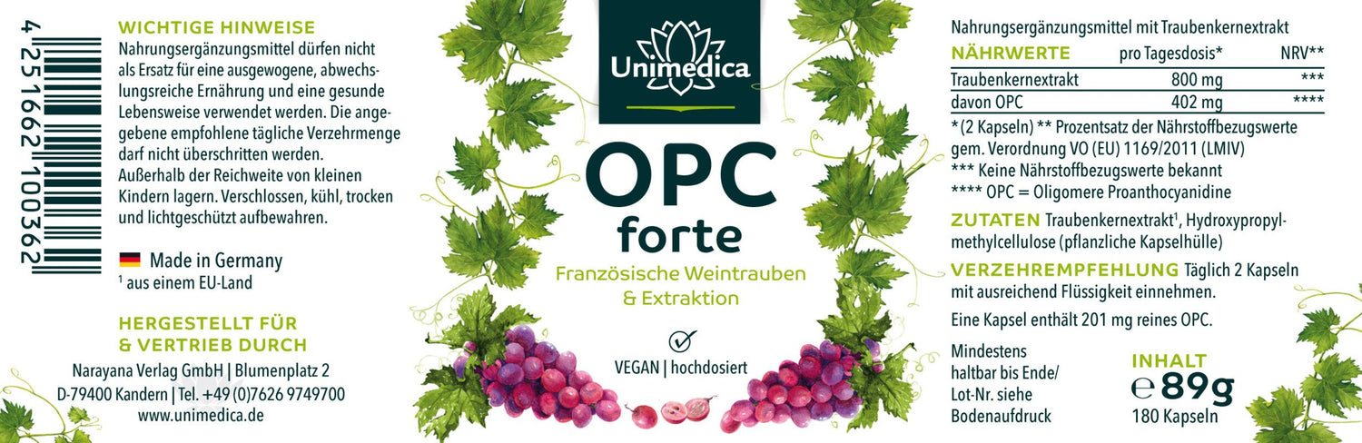 OPC Forte Traubenkernextrakt Nahrungsergänzungsmittel Herz Entschlackung Unimedica Kornkammer Natur Tagesdosis empfohlene Menge  made in germany